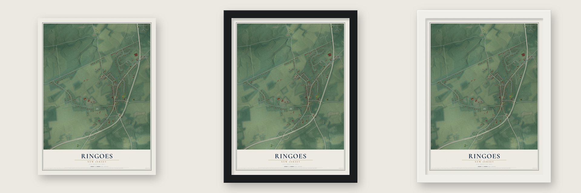 Ringoes, New Jersey map unframed, in a black wood frame and in a white wood frame