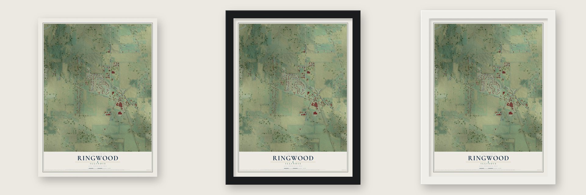 Ringwood, Illinois map unframed, in a black wood frame and in a white wood frame
