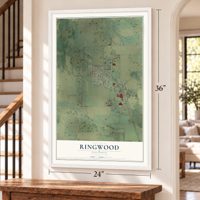 Ringwood, Illinois map, 24 x 36 inch print in a white frame by a staircase
