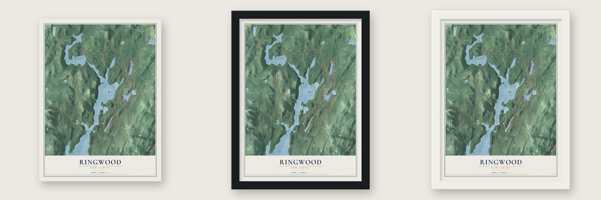 Ringwood, New Jersey map unframed, in a black wood frame and in a white wood frame
