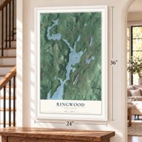 Ringwood, New Jersey map, 24 x 36 inch print in a white frame by a staircase