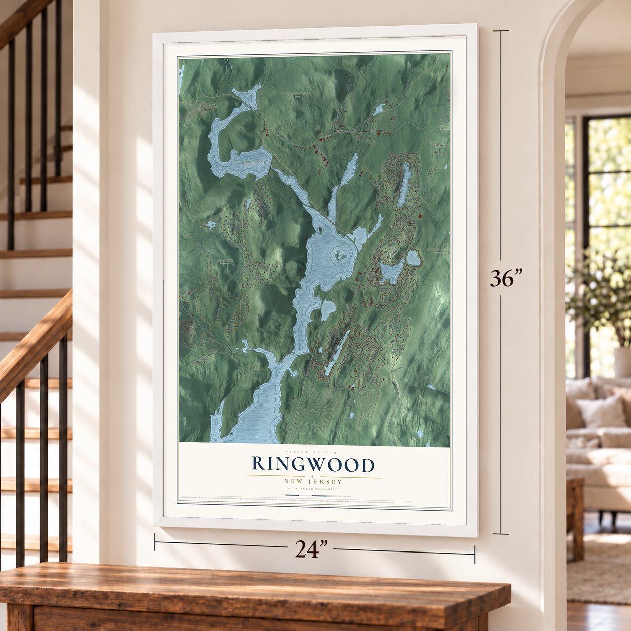 Ringwood, New Jersey map, 24 x 36 inch print in a white frame by a staircase