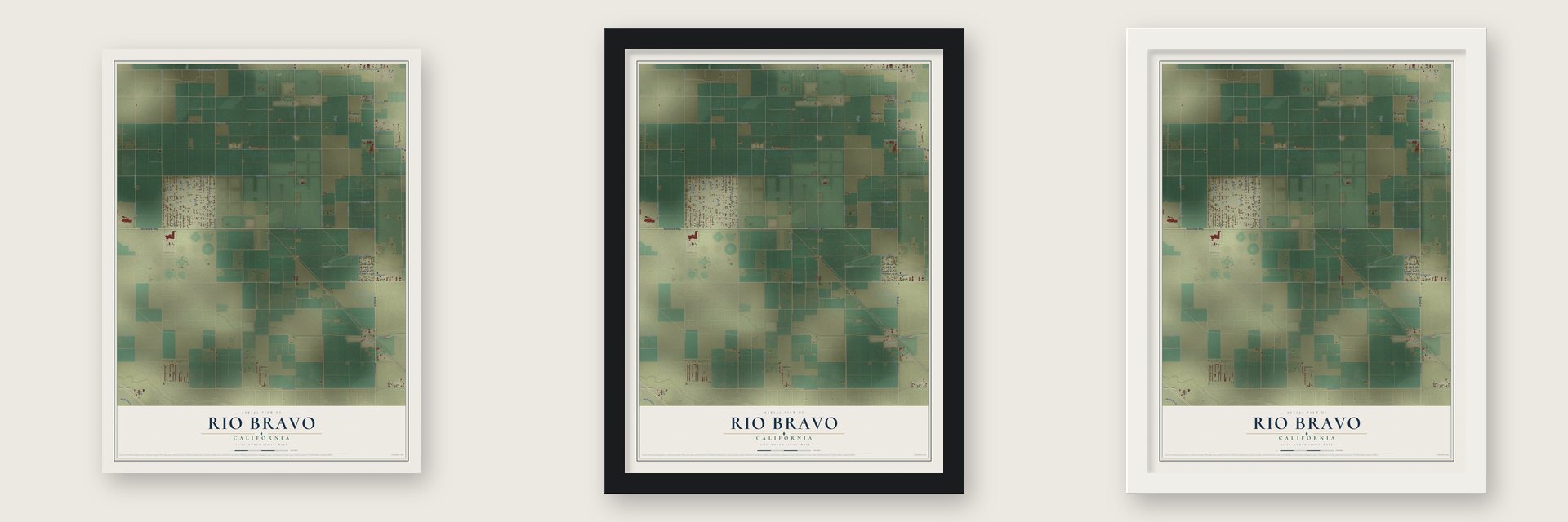 Rio Bravo, California map unframed, in a black wood frame and in a white wood frame
