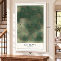 Rio Bravo, California map, 24 x 36 inch print in a white frame by a staircase