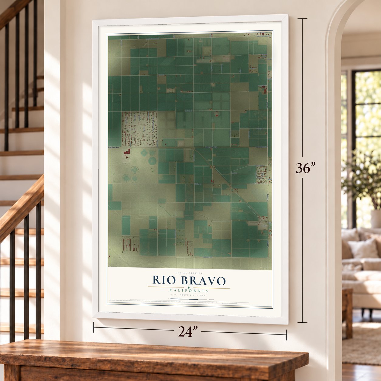Rio Bravo, California map, 24 x 36 inch print in a white frame by a staircase