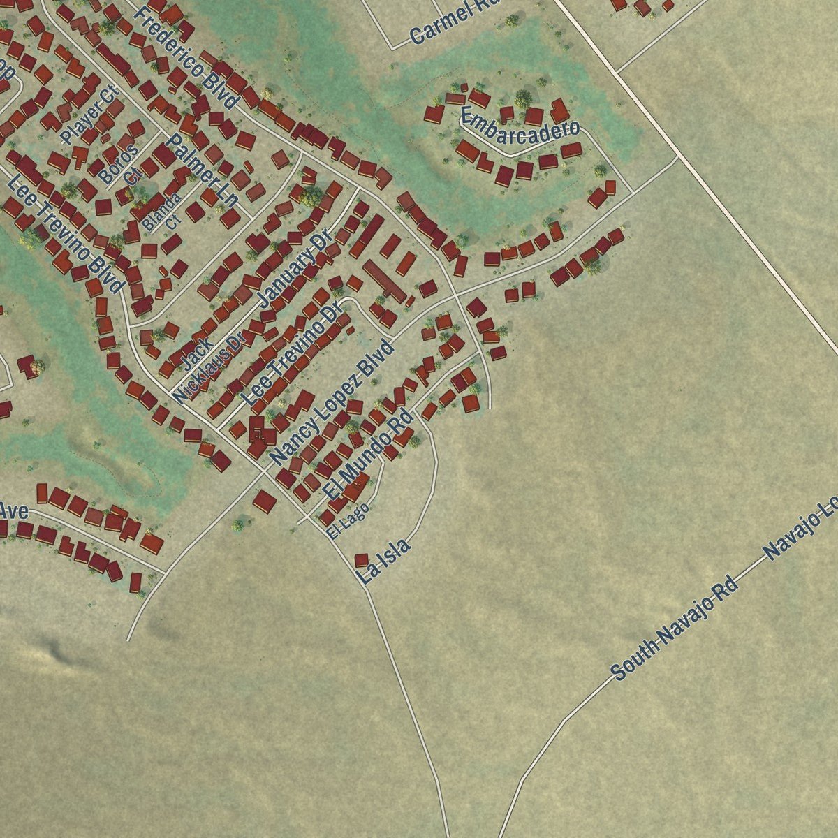 Second close-up of the map of Rio Communities, New Mexico print showing more streets and buildings