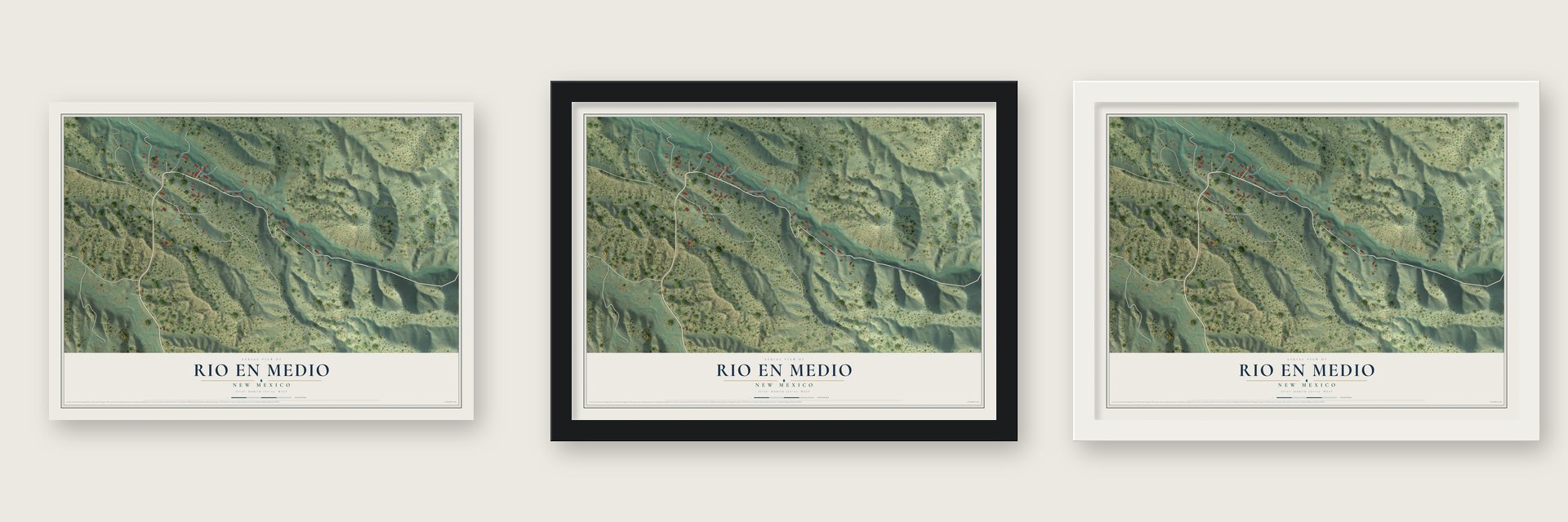 Rio en Medio, New Mexico map unframed, in a black wood frame and in a white wood frame