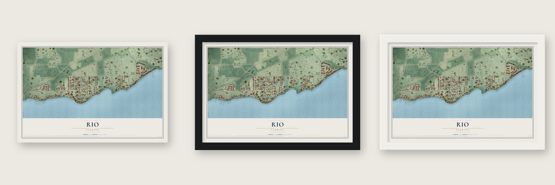 Rio, Florida map unframed, in a black wood frame and in a white wood frame