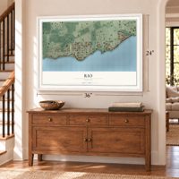 Rio, Florida map, 24 x 36 inch print in a white frame above a dresser by a staircase