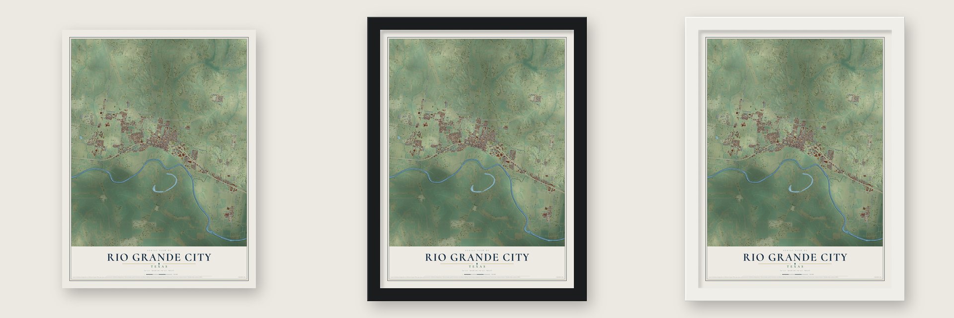 Rio Grande City, Texas map unframed, in a black wood frame and in a white wood frame