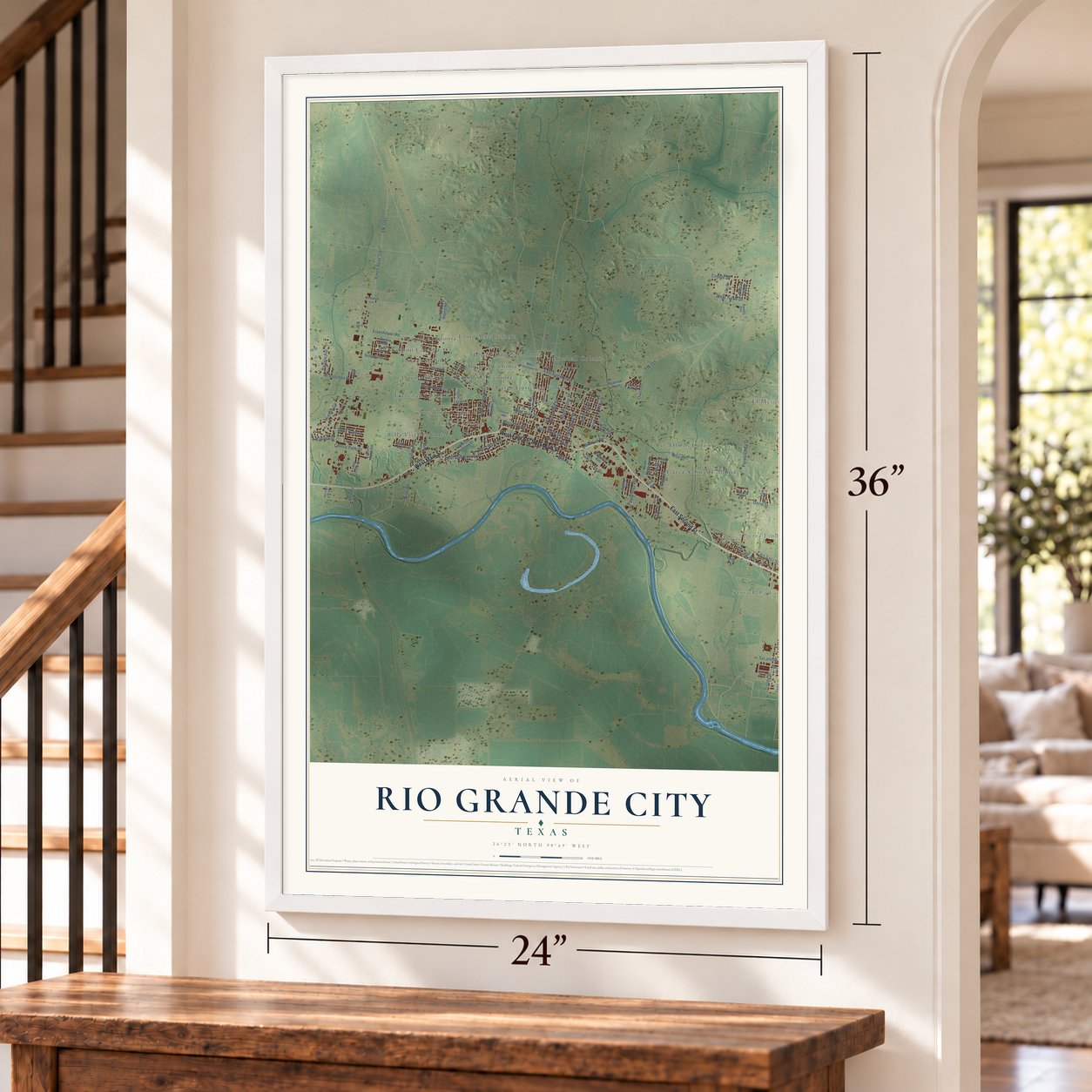 Rio Grande City, Texas map, 24 x 36 inch print in a white frame by a staircase