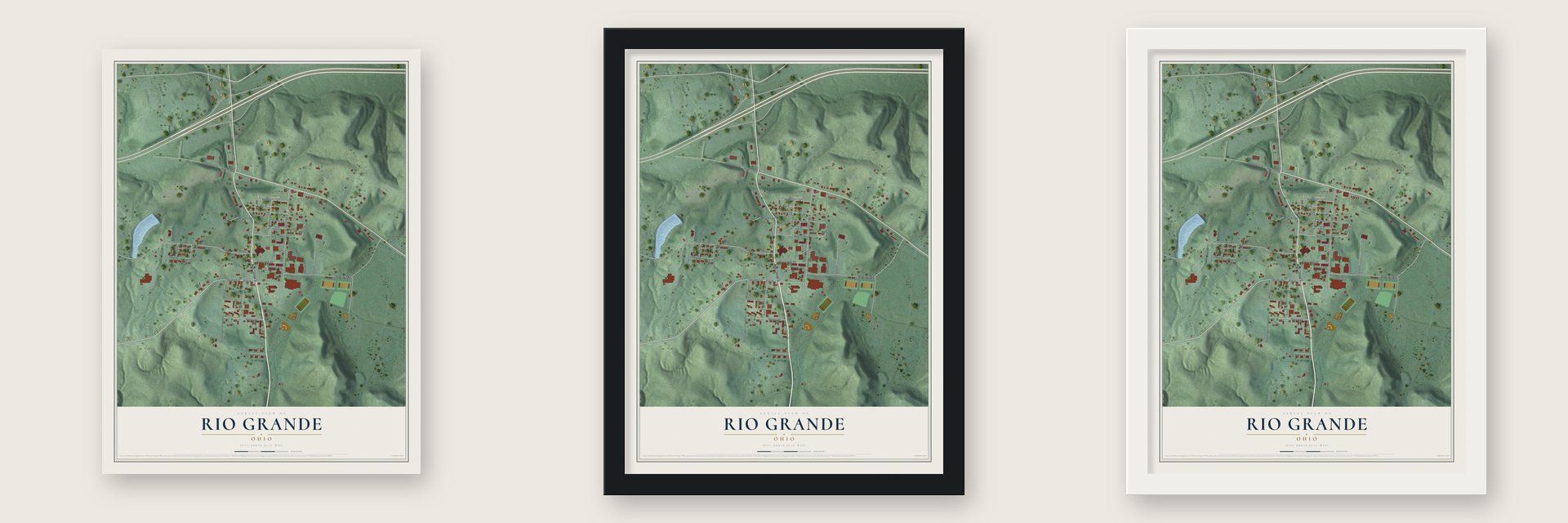 Rio Grande, Ohio map unframed, in a black wood frame and in a white wood frame