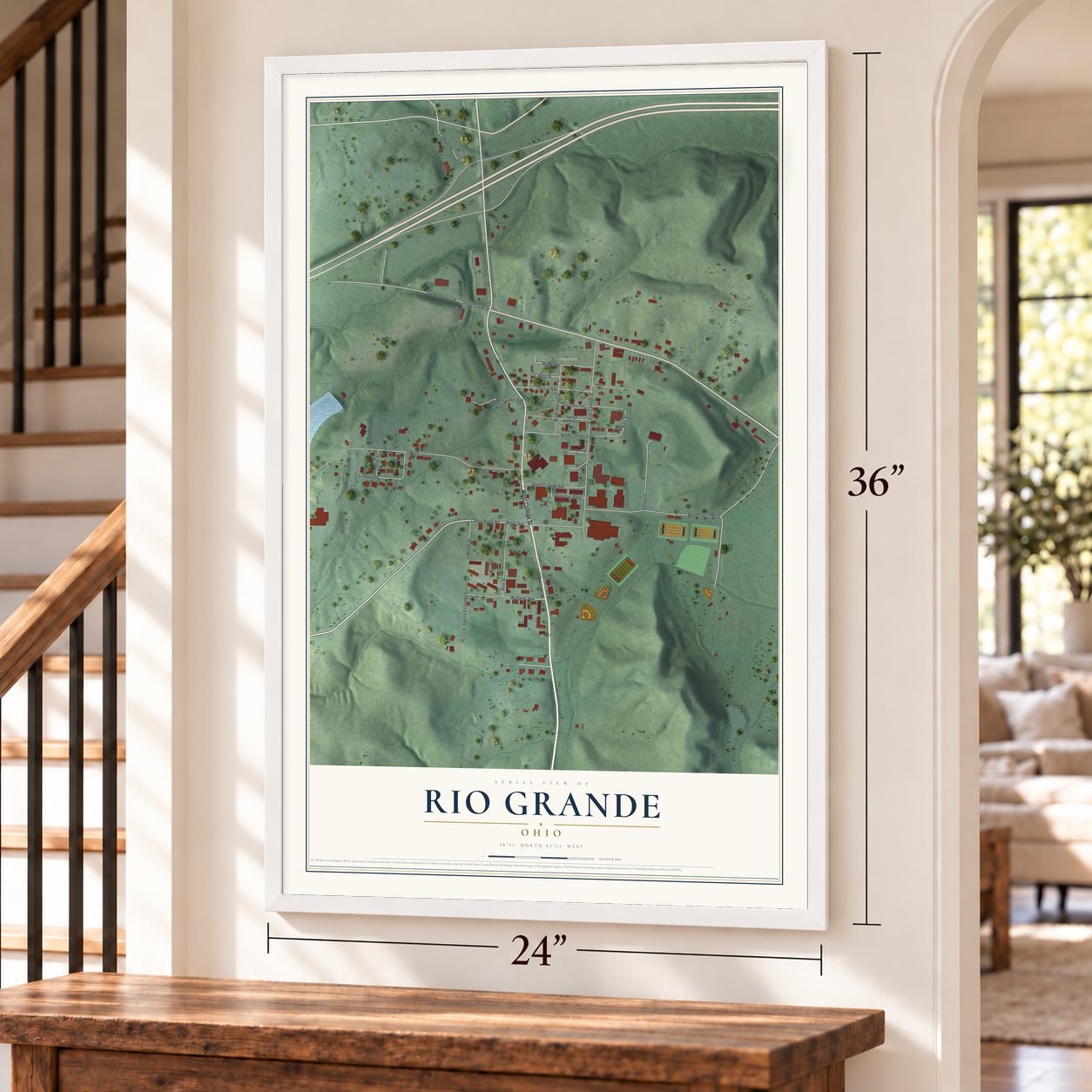 Rio Grande, Ohio map, 24 x 36 inch print in a white frame by a staircase