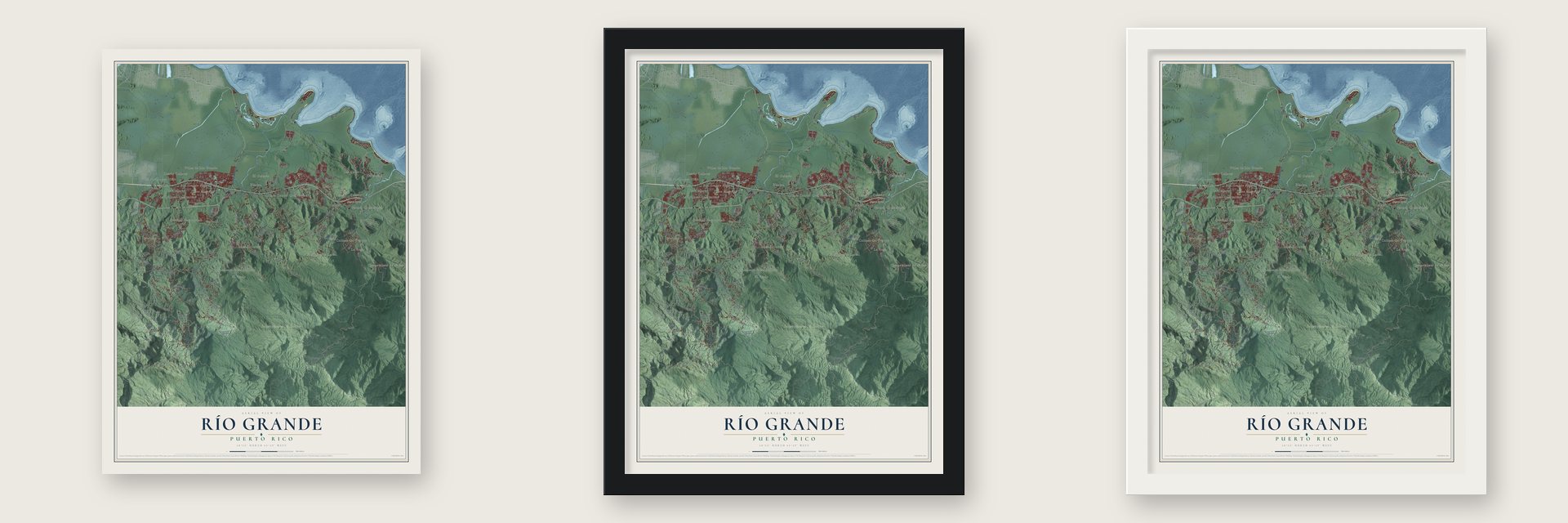 Río Grande, Puerto Rico map unframed, in a black wood frame and in a white wood frame
