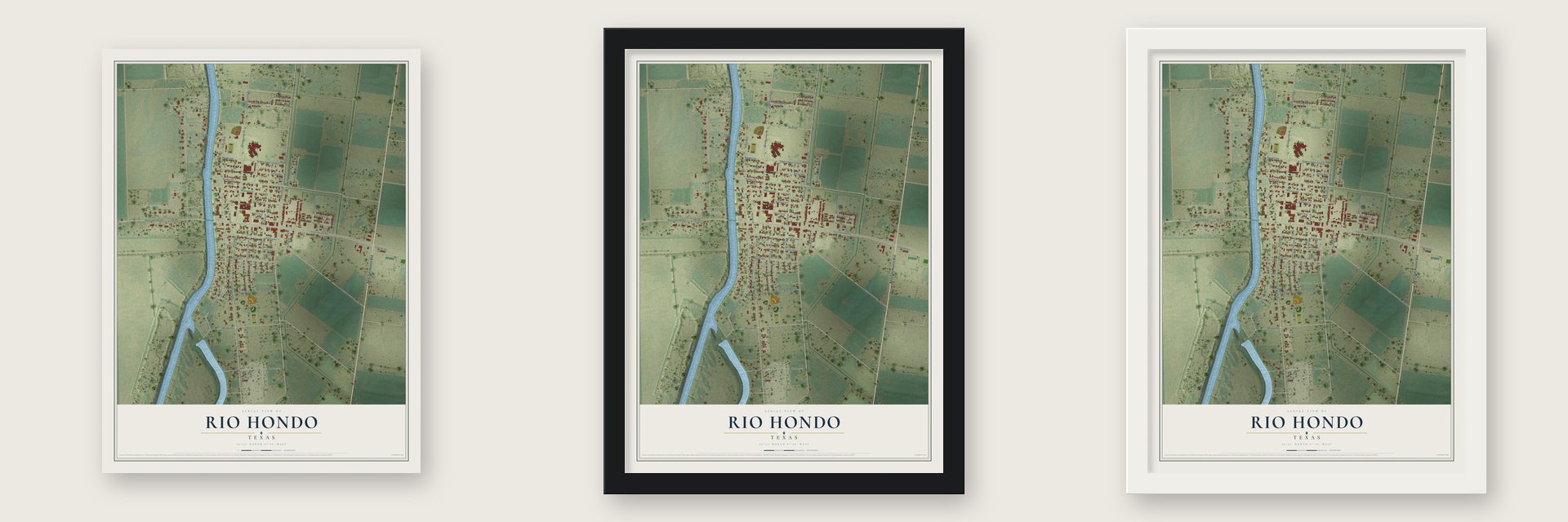 Rio Hondo, Texas map unframed, in a black wood frame and in a white wood frame
