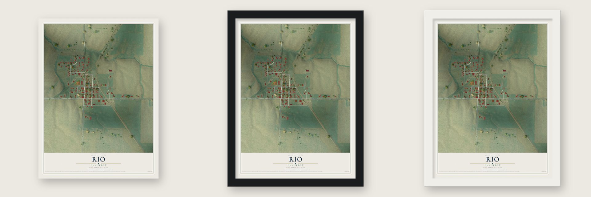 Rio, Illinois map unframed, in a black wood frame and in a white wood frame