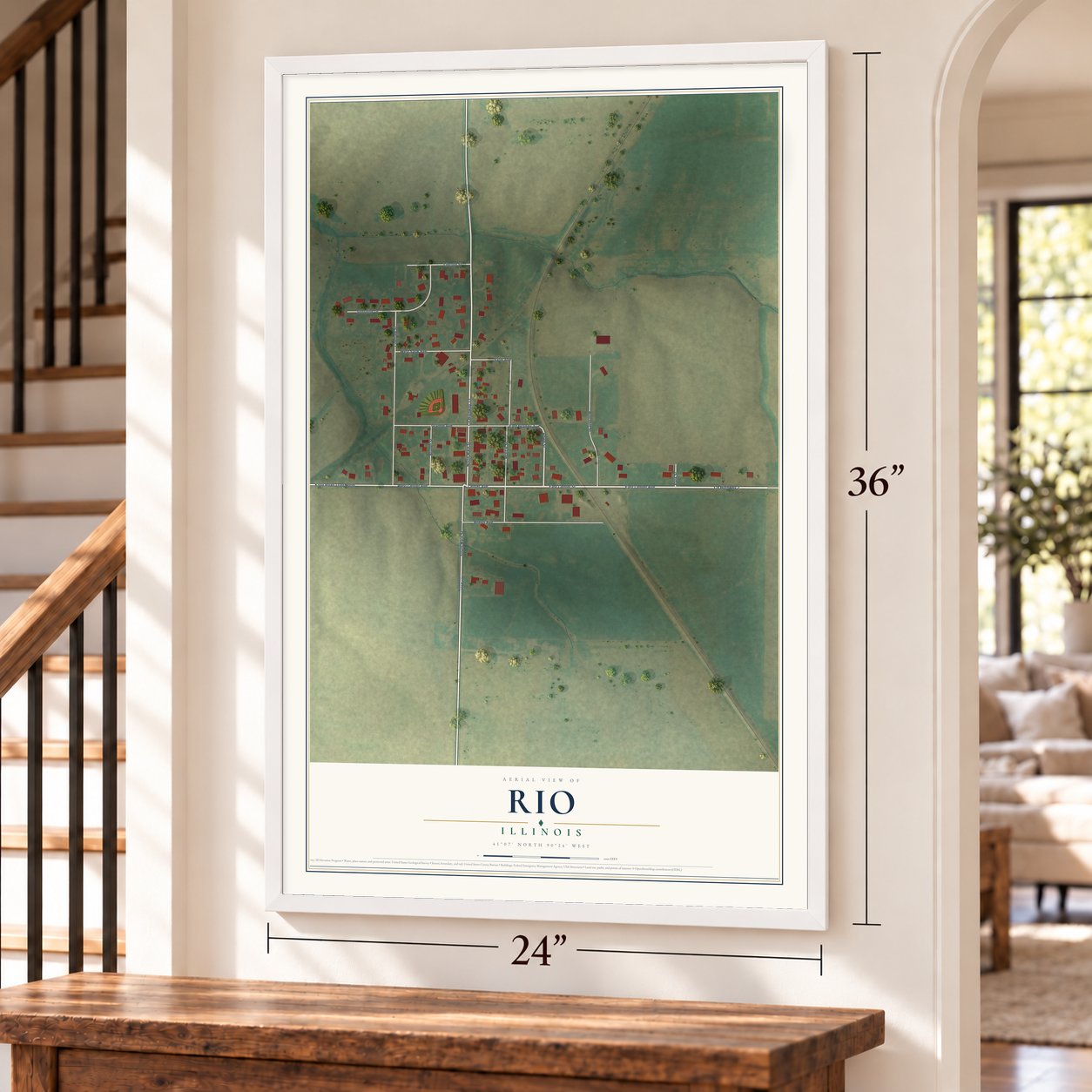 Rio, Illinois map, 24 x 36 inch print in a white frame by a staircase