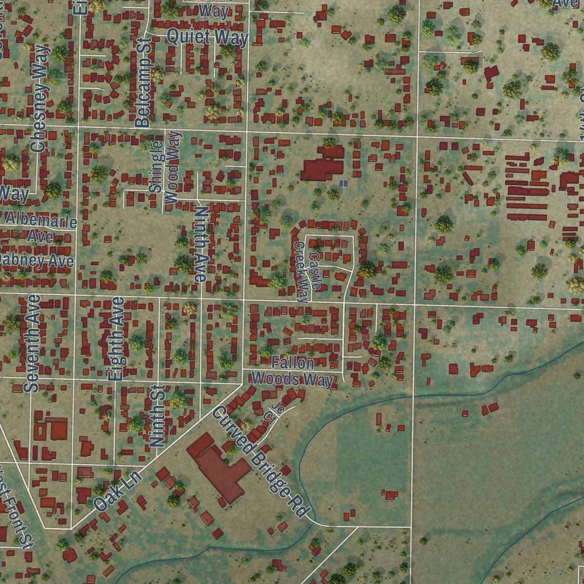 Second close-up of the map of Rio Linda, California print showing more streets and buildings
