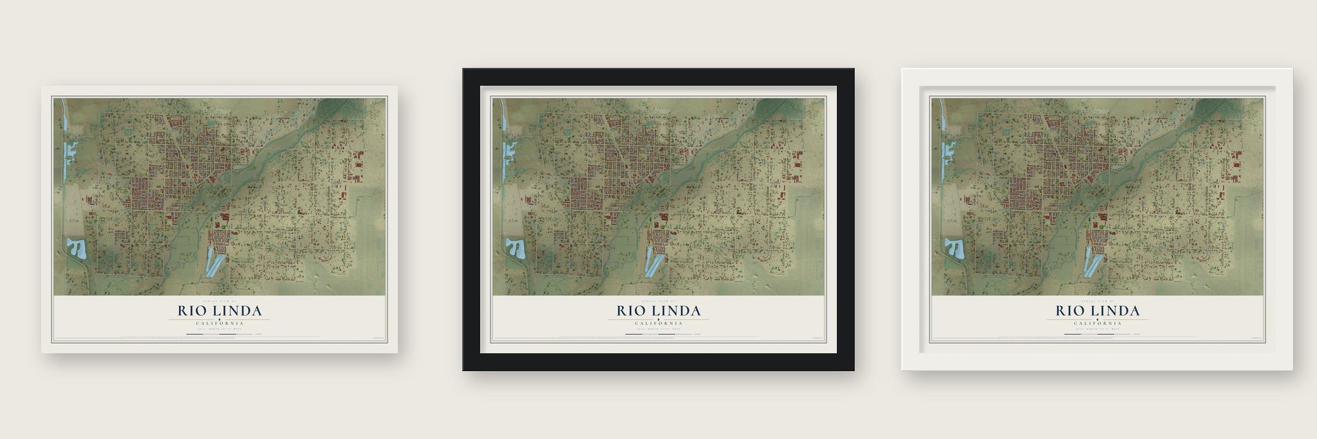Rio Linda, California map unframed, in a black wood frame and in a white wood frame