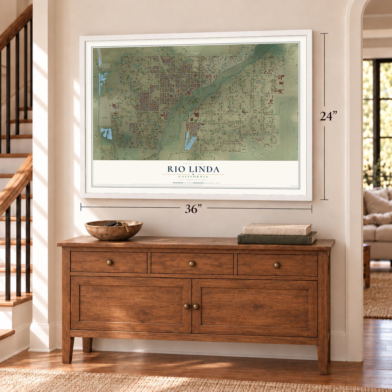 Rio Linda, California map, 24 x 36 inch print in a white frame above a dresser by a staircase