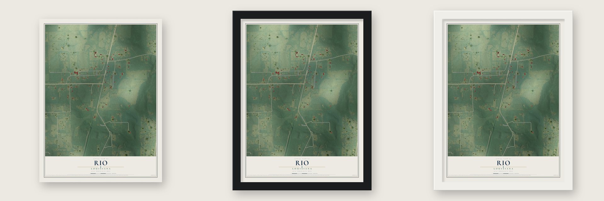 Rio, Louisiana map unframed, in a black wood frame and in a white wood frame