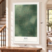 Rio, Louisiana map, 24 x 36 inch print in a white frame by a staircase