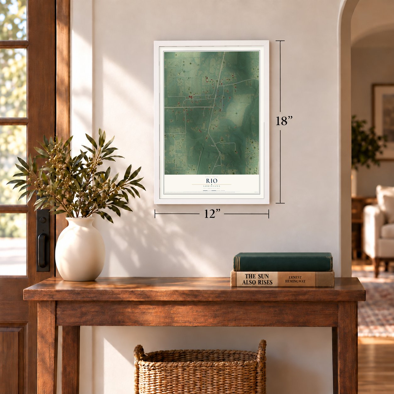 Rio, Louisiana map, 12 x 18 inch print in a white frame in an entryway