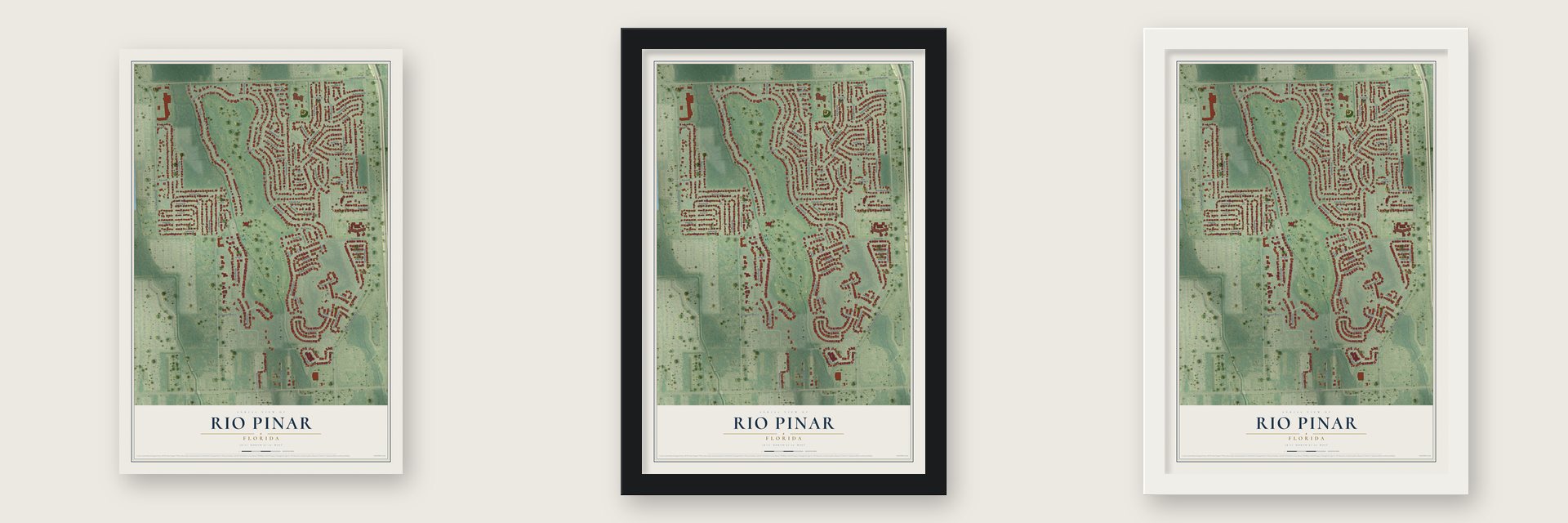 Rio Pinar, Florida map unframed, in a black wood frame and in a white wood frame