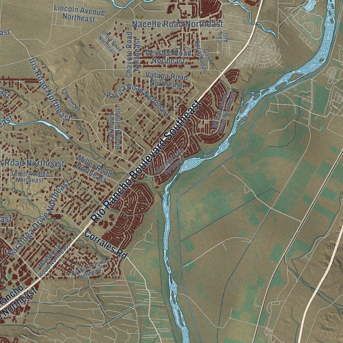 Second close-up of the map of Rio Rancho, New Mexico print showing more streets and buildings