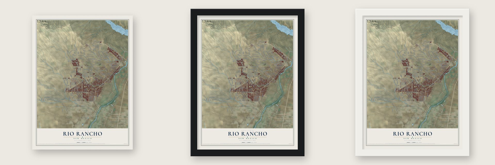 Rio Rancho, New Mexico map unframed, in a black wood frame and in a white wood frame
