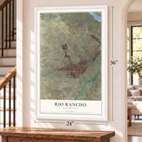 Rio Rancho, New Mexico map, 24 x 36 inch print in a white frame by a staircase