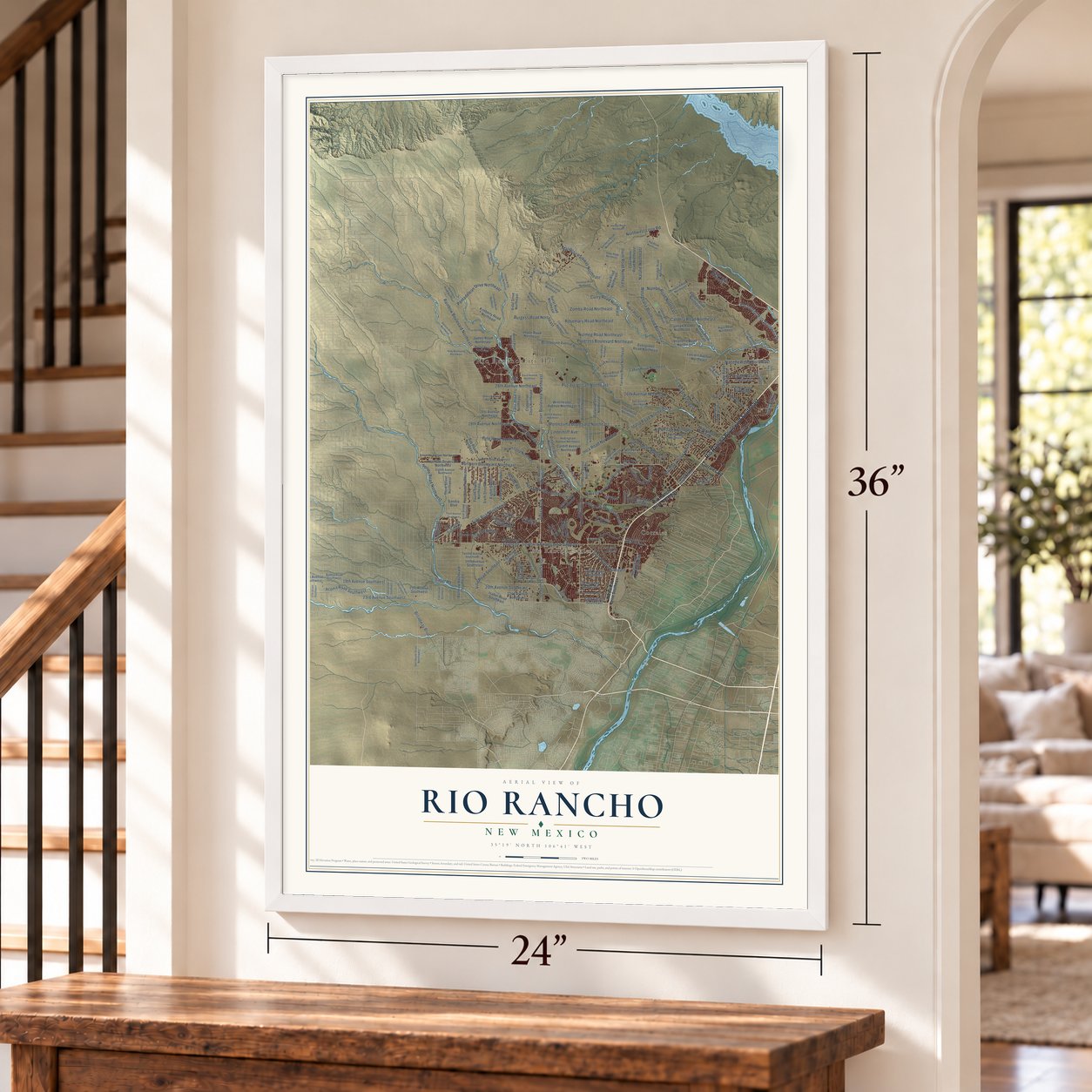 Rio Rancho, New Mexico map, 24 x 36 inch print in a white frame by a staircase
