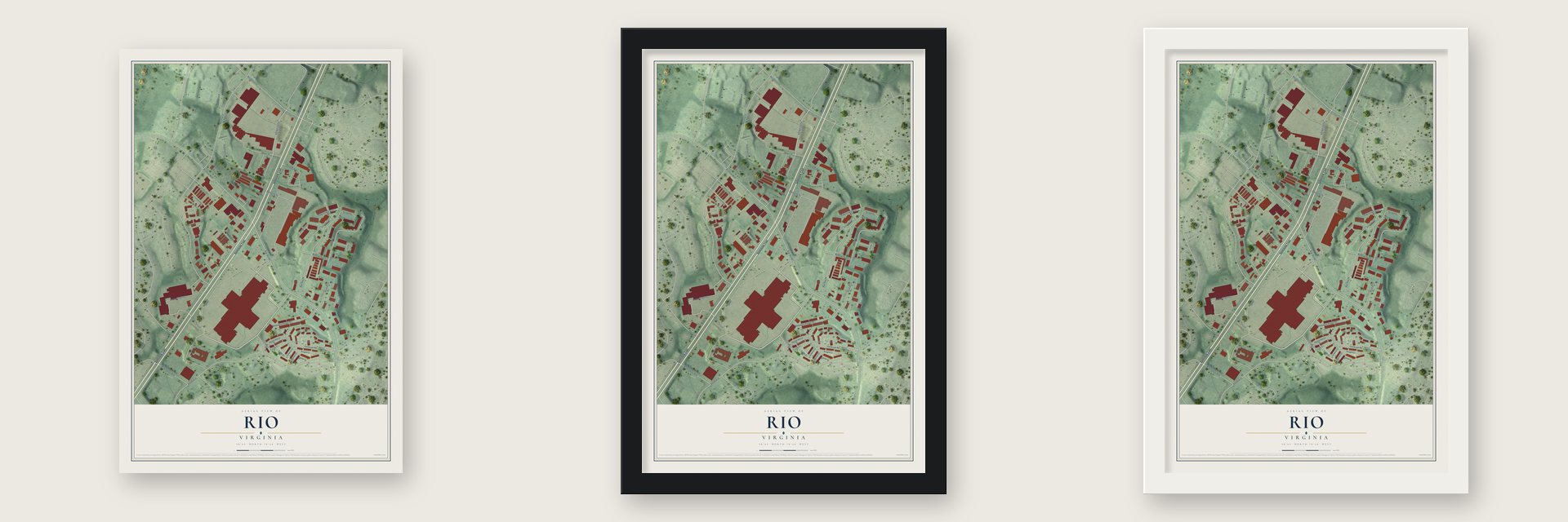 Rio, Virginia map unframed, in a black wood frame and in a white wood frame