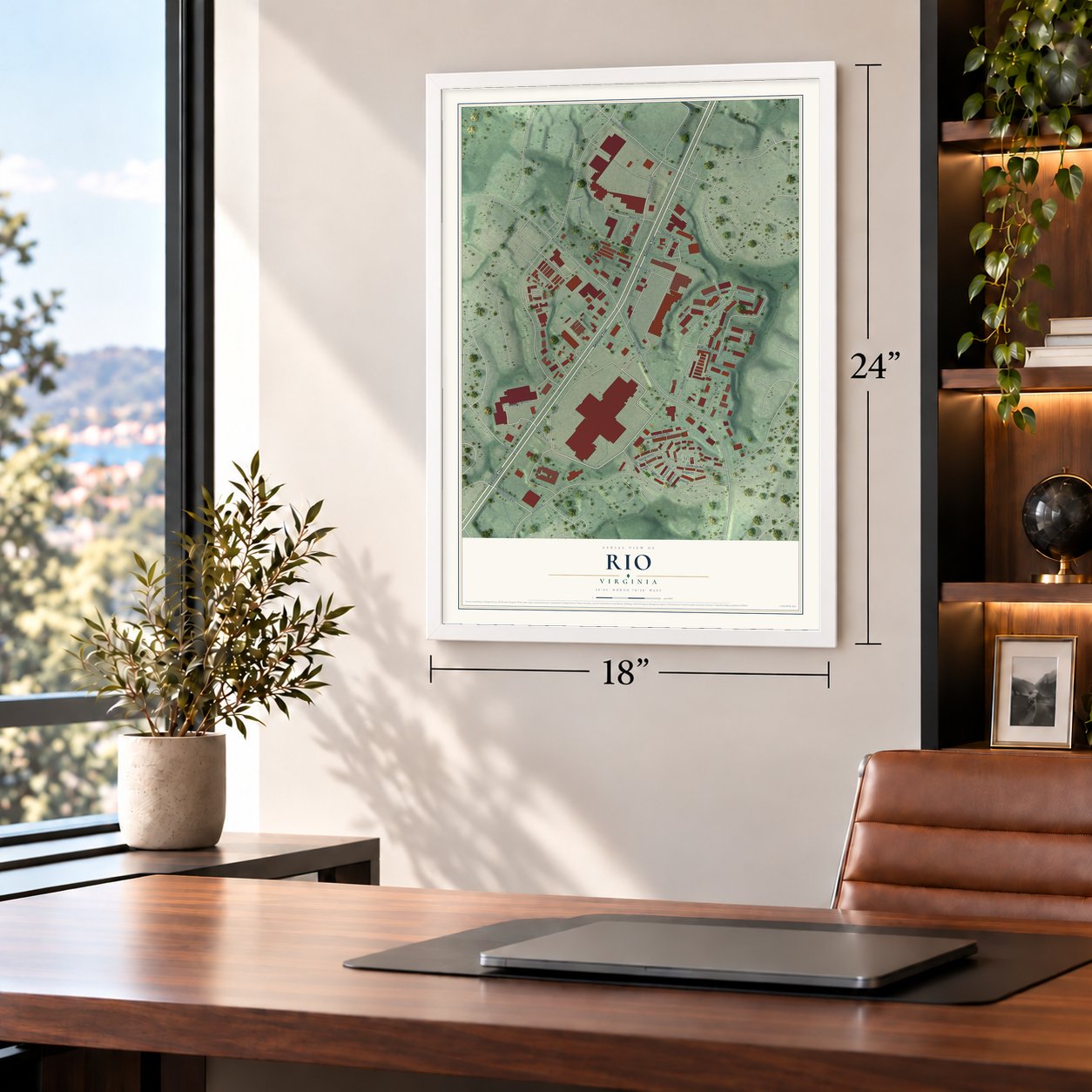 Rio, Virginia map, 18 x 24 inch print in a white frame in a home office
