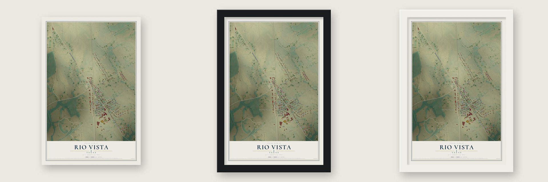 Rio Vista, Texas map unframed, in a black wood frame and in a white wood frame