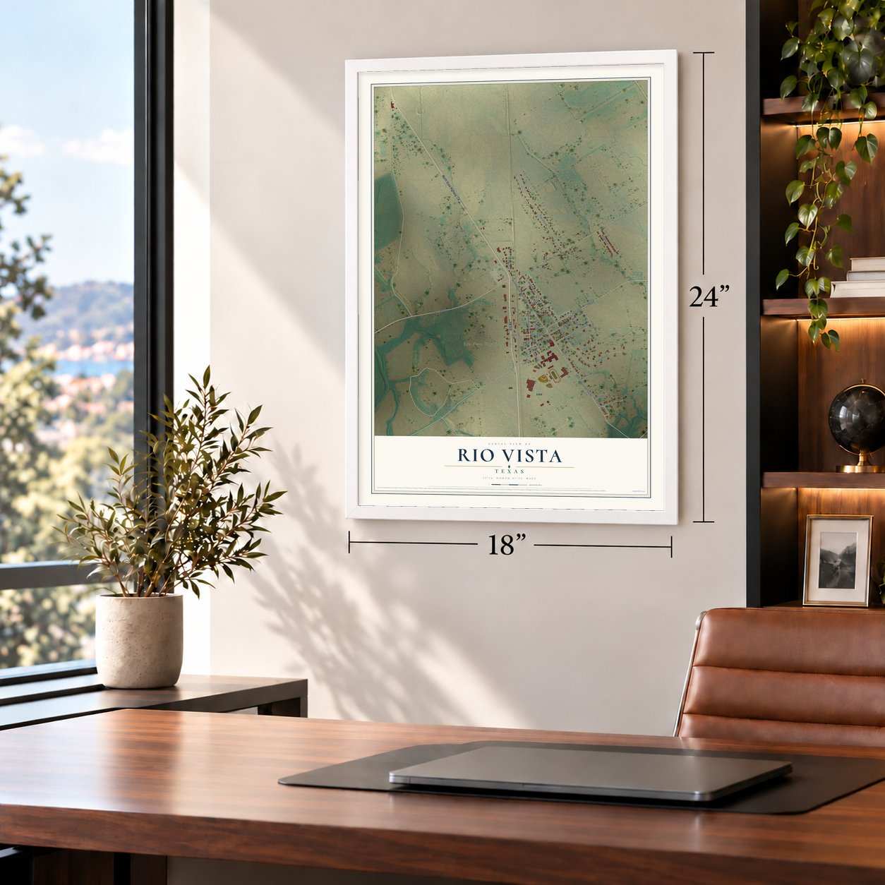 Rio Vista, Texas map, 18 x 24 inch print in a white frame in a home office