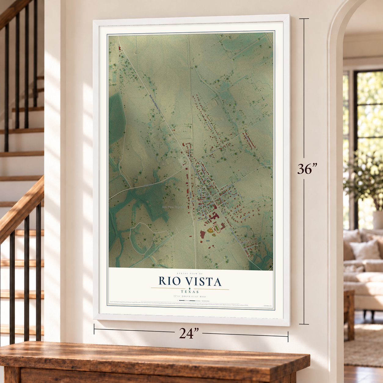 Rio Vista, Texas map, 24 x 36 inch print in a white frame by a staircase