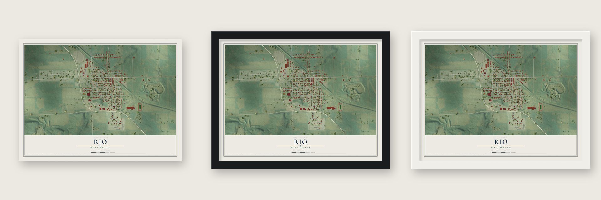 Rio, Wisconsin map unframed, in a black wood frame and in a white wood frame