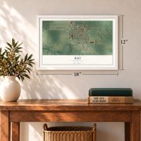 Rio, Wisconsin map, 12 x 18 inch print in a white frame in an entryway