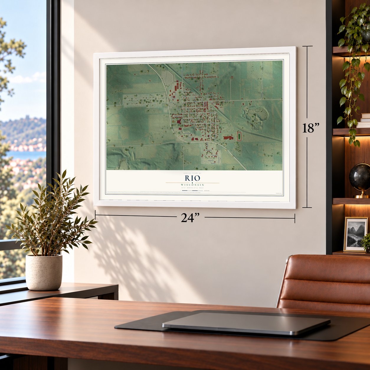 Rio, Wisconsin map, 18 x 24 inch print in a white frame in a home office