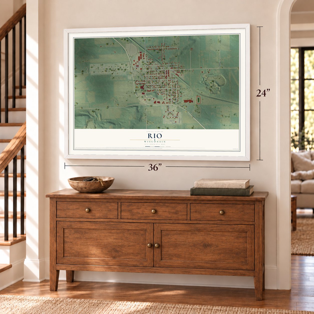 Rio, Wisconsin map, 24 x 36 inch print in a white frame above a dresser by a staircase