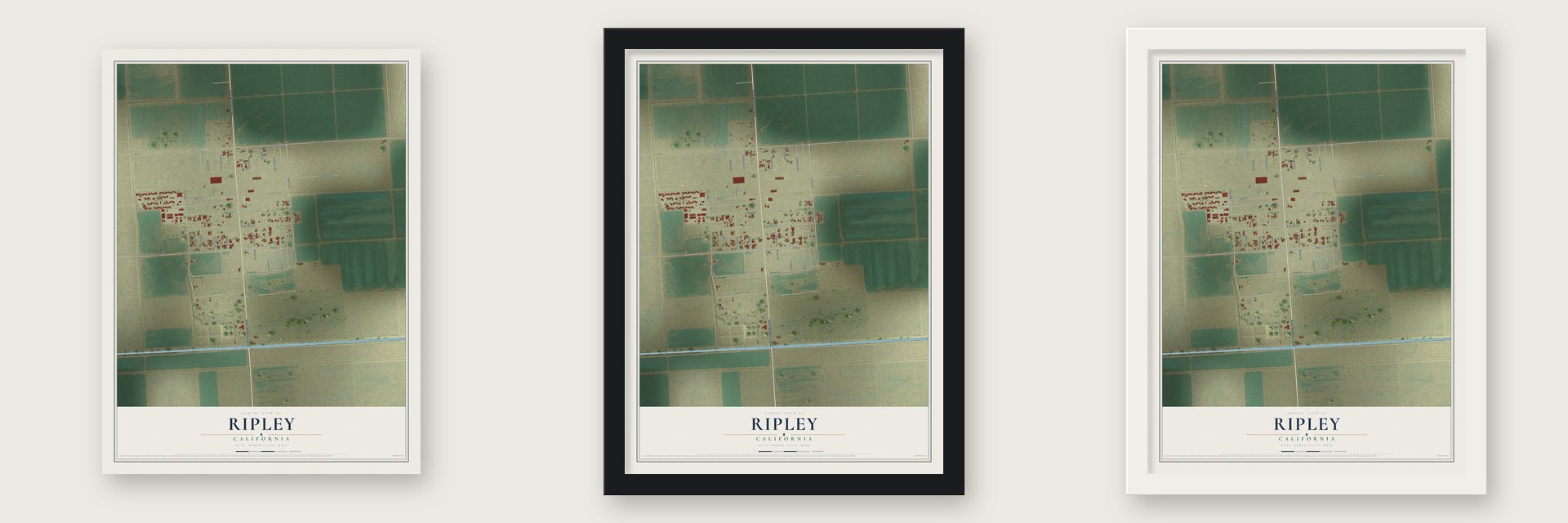 Ripley, California map unframed, in a black wood frame and in a white wood frame