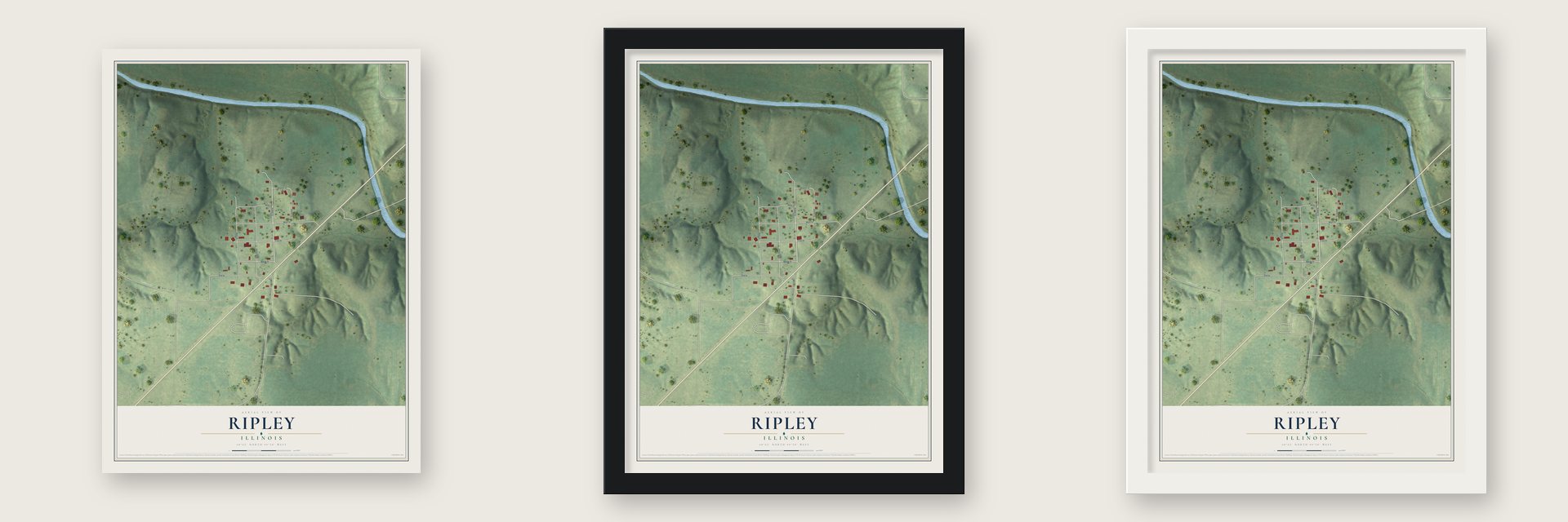 Ripley, Illinois map unframed, in a black wood frame and in a white wood frame