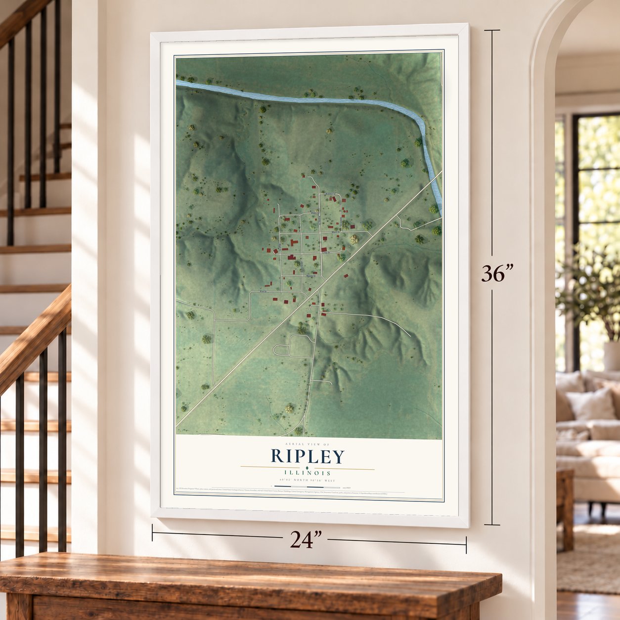 Ripley, Illinois map, 24 x 36 inch print in a white frame by a staircase