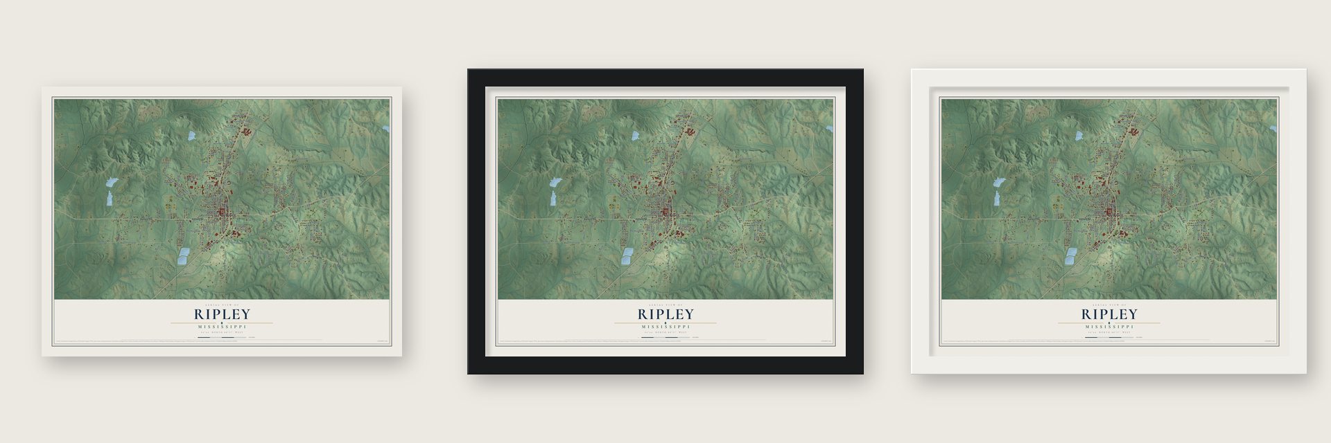 Ripley, Mississippi map unframed, in a black wood frame and in a white wood frame