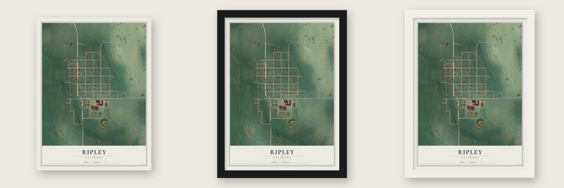 Ripley, Oklahoma map unframed, in a black wood frame and in a white wood frame