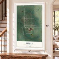 Ripley, Oklahoma map, 24 x 36 inch print in a white frame by a staircase