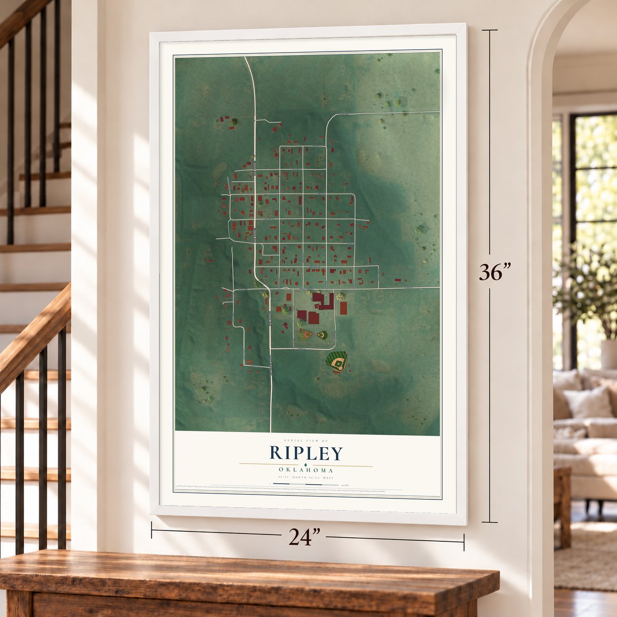Ripley, Oklahoma map, 24 x 36 inch print in a white frame by a staircase