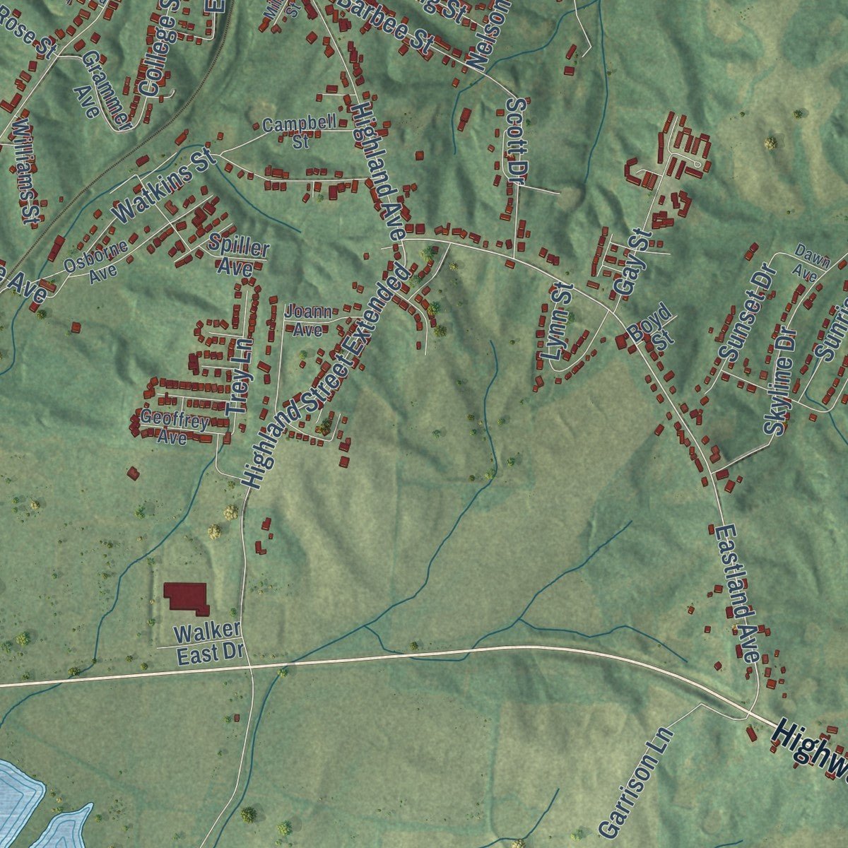 Second close-up of the map of Ripley, Tennessee print showing more streets and buildings