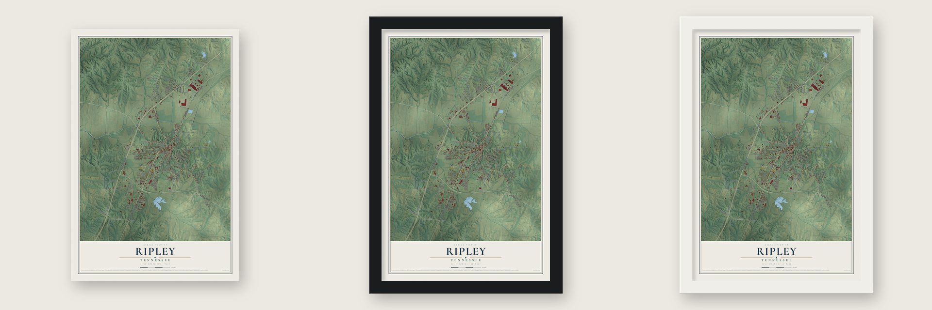 Ripley, Tennessee map unframed, in a black wood frame and in a white wood frame
